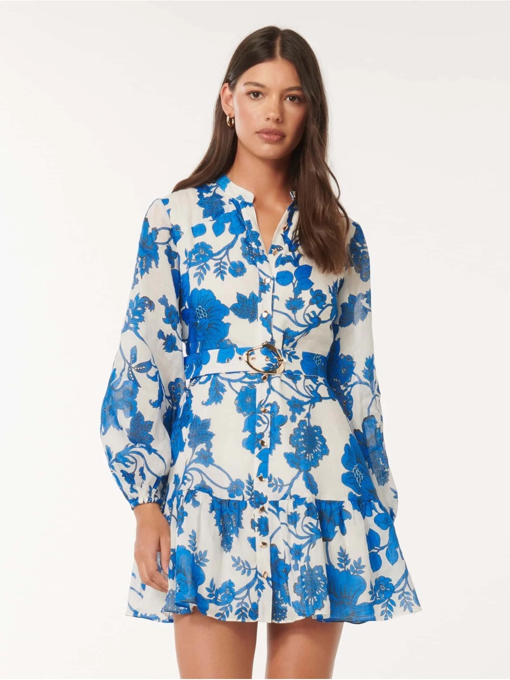 EVERNEW Aurora Mini Skater Blue Floral Button-Front Belted Mini Dress